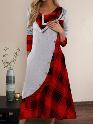 Plaid Patchwork Long-Sleeve Casual Dress