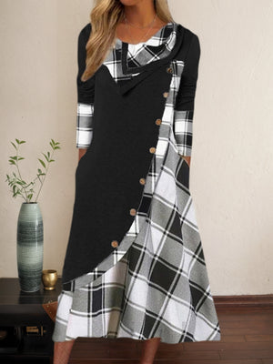 Plaid Patchwork Long-Sleeve Casual Dress
