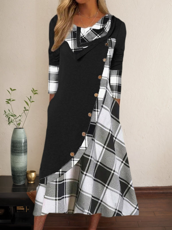 Plaid Patchwork Long-Sleeve Casual Dress