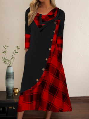 Plaid Patchwork Long-Sleeve Casual Dress