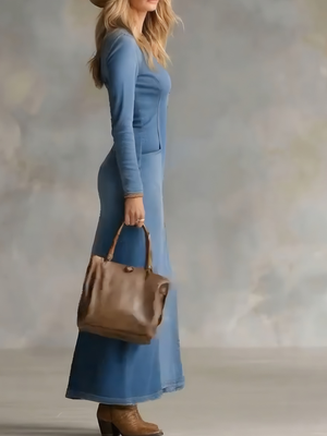 Premium Button-Front V-Neck Denim Maxi Dress