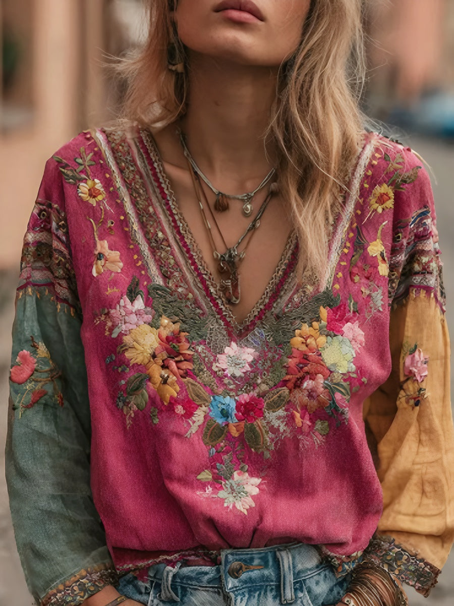 Retro Bohemian V-Neck Printed Top