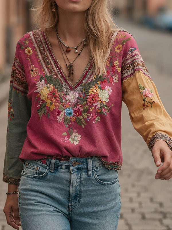 Retro Bohemian V-Neck Printed Top