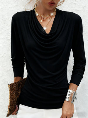 Sleek Gathered Long-Sleeve Mesh Accent Top