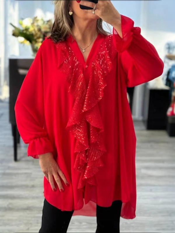 Soft Chiffon V-Neck Sequin Blouse