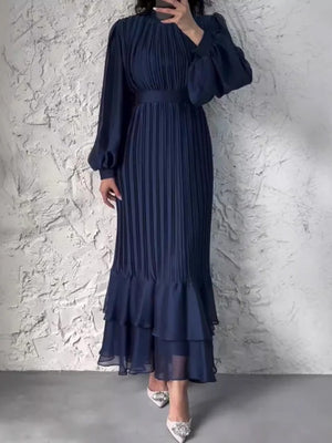 Sophisticated Long-Sleeve Pleated Silhouette Dress