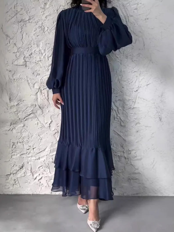 Sophisticated Long-Sleeve Pleated Silhouette Dress