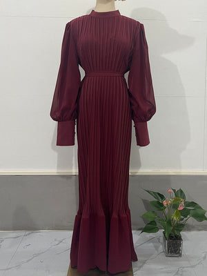 Sophisticated Long-Sleeve Pleated Silhouette Dress