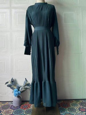 Sophisticated Long-Sleeve Pleated Silhouette Dress