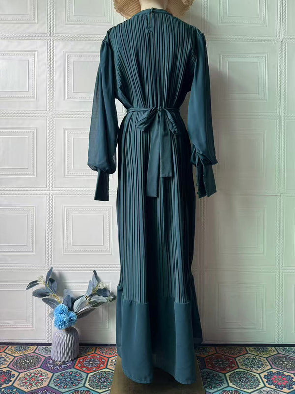 Sophisticated Long-Sleeve Pleated Silhouette Dress