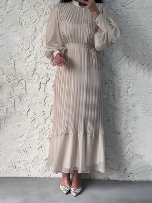 Sophisticated Long-Sleeve Pleated Silhouette Dress