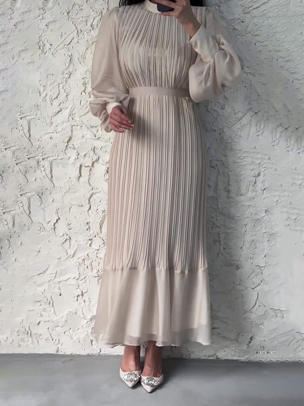 Sophisticated Long-Sleeve Pleated Silhouette Dress