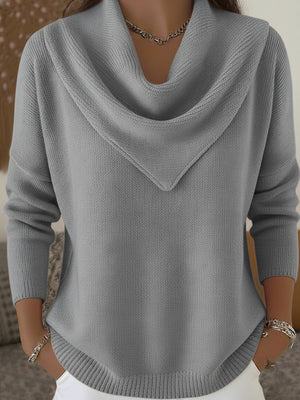 Statement Neckline Solid Knit Sweater