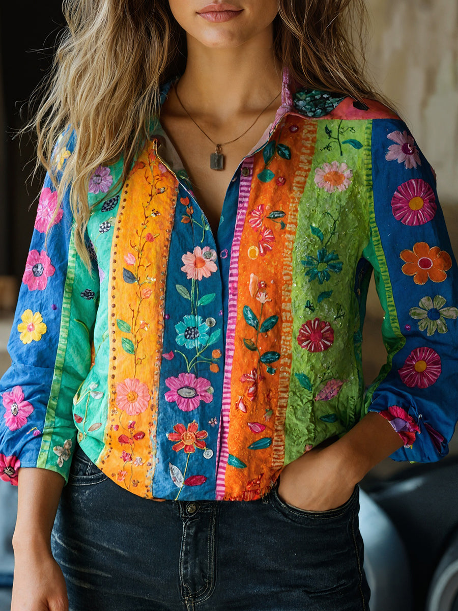 Stylish Print Collared Long Sleeve Top