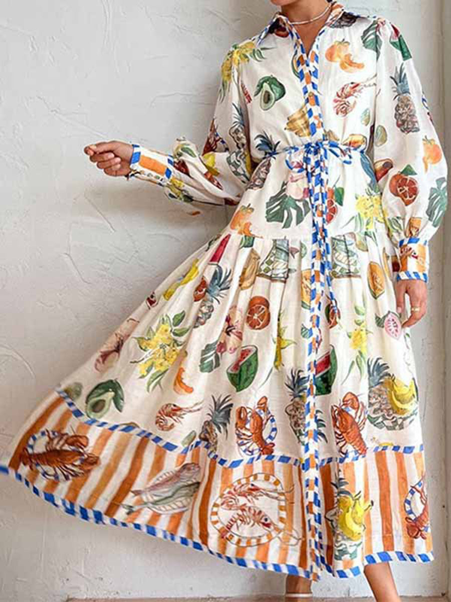 Unique Fruit Pattern Long-Sleeved Maxi Dress