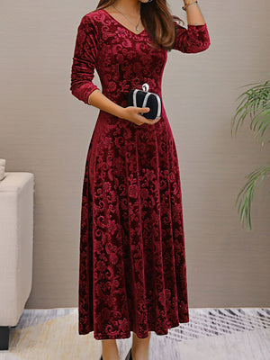V-Neck Elegant Printed Velvet Dress