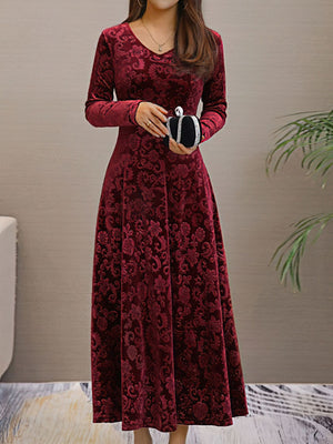 V-Neck Elegant Printed Velvet Dress