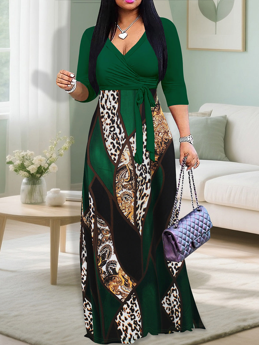 V-Neck Patchwork Long-Sleeve Dress