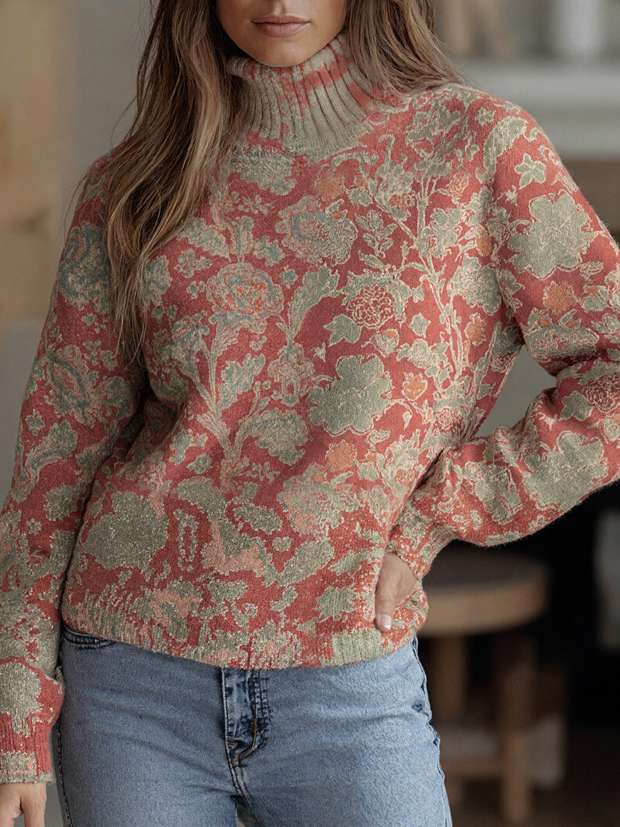 Vintage-Inspired Floral Print High-Neck Top