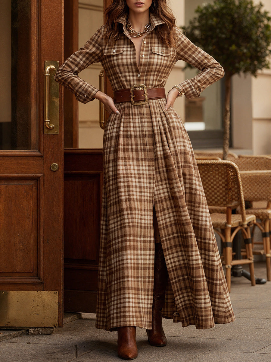 Vintage Plaid Flowing Maxi Dress