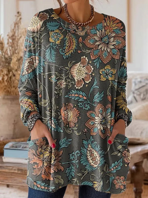 Vintage Pocket Crew Neck Long Sleeve Top