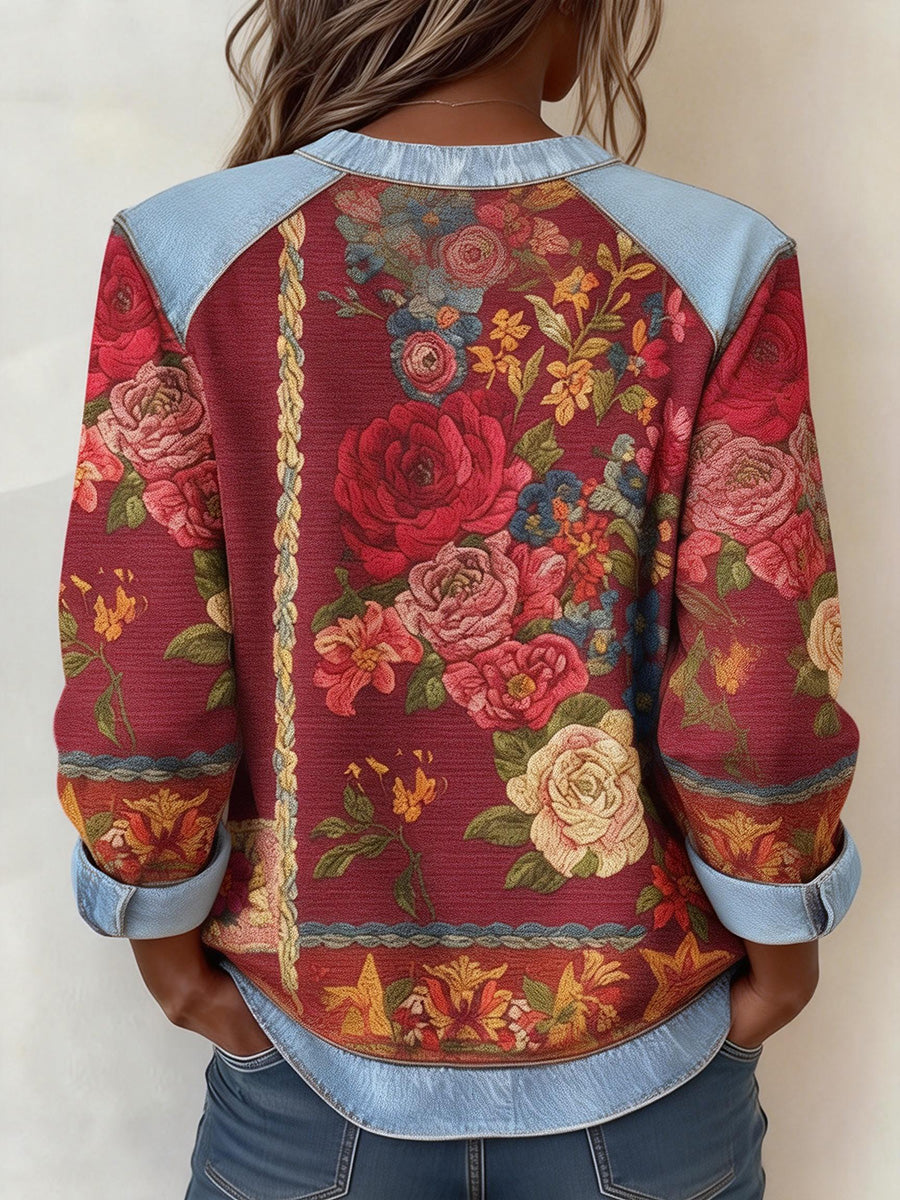 Vintage Print Denim Patchwork Long Sleeve Sweatshirt