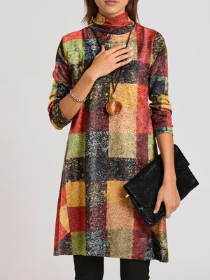 Warm High-Neck Long-Sleeve Plaid Dress
