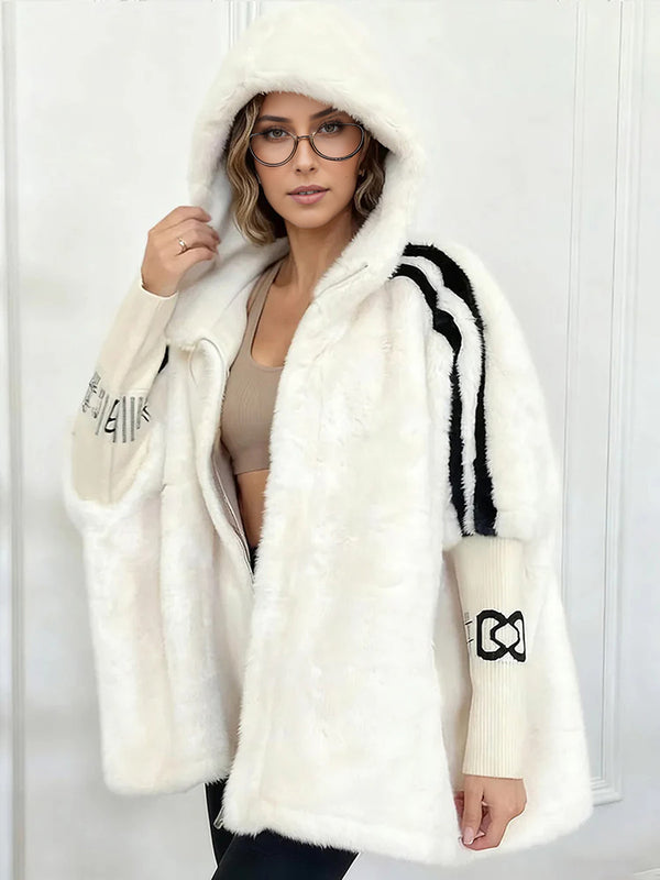 Women Plush Hooded Vertical Stripe Printed Casual Coat