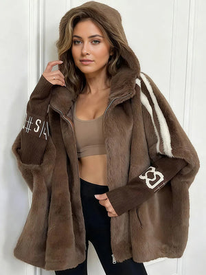 Women Plush Hooded Vertical Stripe Printed Casual Coat