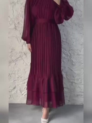 Sophisticated Long-Sleeve Pleated Silhouette Dress