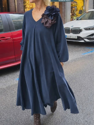 Elegant Solid Color V-Neck Long Sleeve Dress