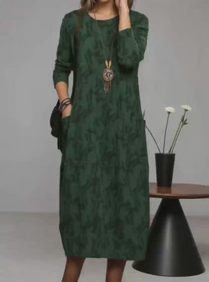 Custom-Printed Crew Neck Long-Sleeve Dress